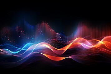 Abstract background art of colorful waves. Abstract colorful wavy background. Bright multicolored soundwave pattern on a black background. 3d rendering. Multicolored art of wavy patterns. . - 738297032