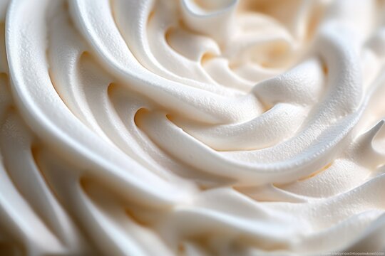 Close up view of pure white cream, masterfully swirled to showcase its glossy peaks and smooth texture, embodying both simplicity and decadence