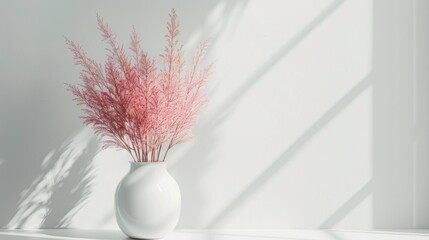 Dried pink plants bunnies ponytails stand in a white abstract vase shape on a minimalist light background