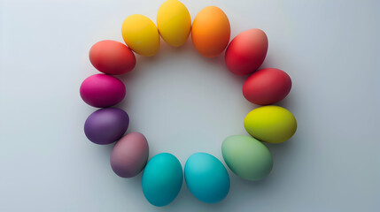 Colorful Easter eggs arranged in a perfect circle, creating a visual feast of hues reminiscent of a radiant rainbow