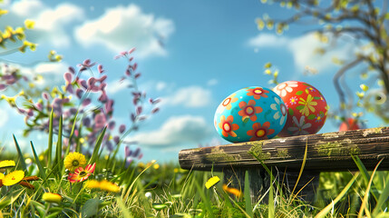 Obraz na płótnie Canvas Colorful Easter eggs adorned with cheerful designs set against a backdrop of a serene meadow, with a wooden bench adding a touch of rustic charm to the festive scene
