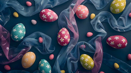 Vibrantly colored Easter eggs arranged neatly on a dark blue background, surrounded by delicate napkins, creating a captivating top view composition - obrazy, fototapety, plakaty