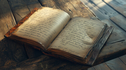 A well-worn leather-bound journal open to a page filled with elegant cursive handwriting - obrazy, fototapety, plakaty