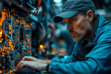 Obraz premium A skilled IT professional troubleshooting and fixing computer hardware issues in a busy office. Concept of technology support and IT services. Generative Ai.