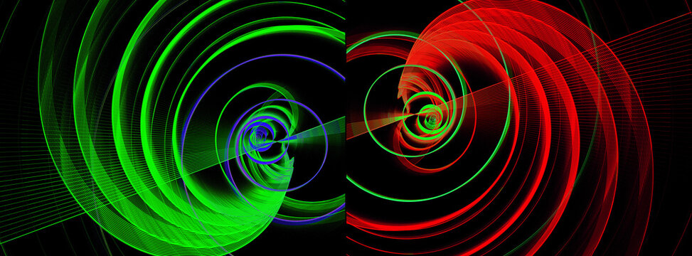 Green, red and blue elastic abstract springs are coiled on a black background. Set of bright abstract textures. 3D rendering. 3D illustration.