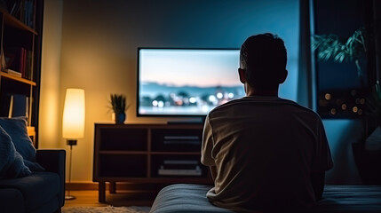 Back view of a man watching TV content at home at night