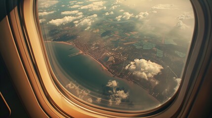 Fototapeta premium beautiful view through airplane window of sky clouds earth and land marks