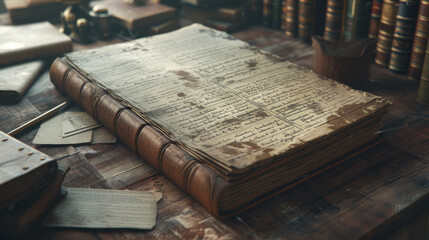 A weathered, leather-bound ledger with meticulous handwritten financial records from the past - obrazy, fototapety, plakaty