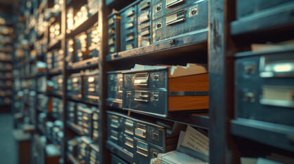 A row of vintage, metal filing cabinets filled with neatly organized index cards and documents