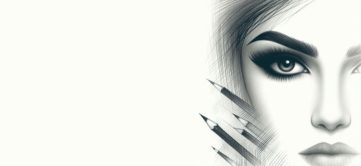 Fototapeta premium Pencil sketch face silhouette woman eyes looking at camera aside on white background copy space for your conceptual text advertisement. Image digitally altered digital effects. Generative AI.