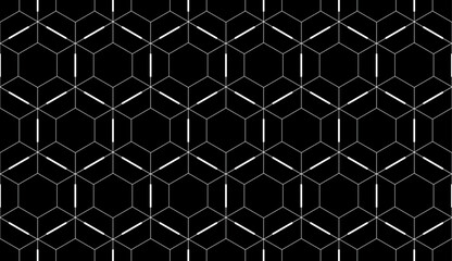 Double hexagon honeycomb style repeat pattern in white dashed outline on a black background, geometric vector illustration