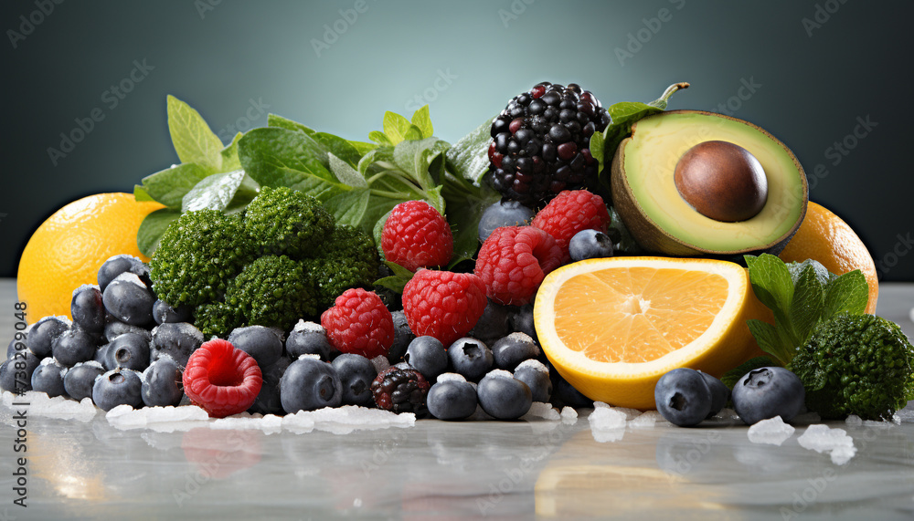 Wall mural fresh, healthy berry salad blueberry, raspberry, strawberry, blackberry, avocado generated by ai