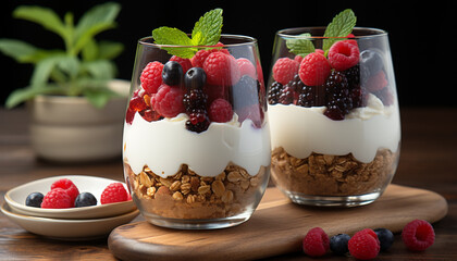 Freshness in a bowl raspberry yogurt with granola and blueberries generated by AI