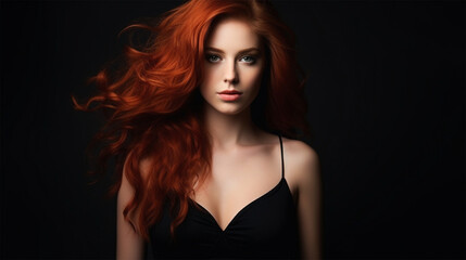 Fototapeta na wymiar young beautiful fiery red-haired model with voluminous hair fluttering in the wind, in a black evening dress on a black background
