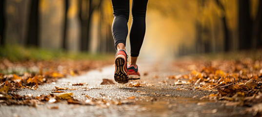 Feet of a jogger run up in autumn weather with leaves on the ground