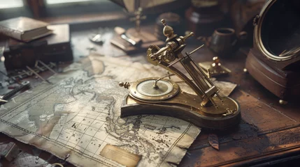 Fotobehang A brass sextant and an old maritime map laid out on a worn-out ship captain's desk © Textures & Patterns