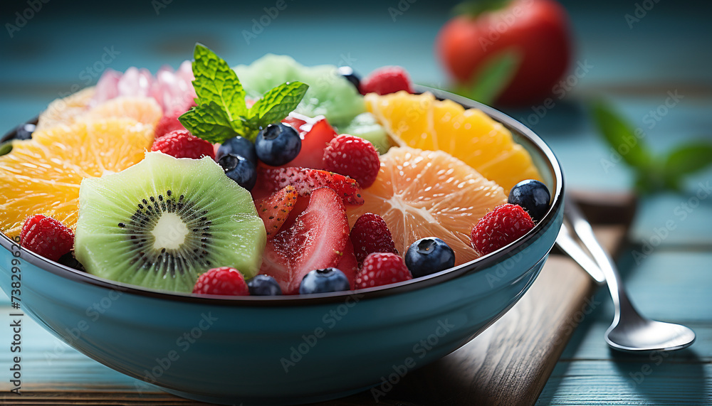 Sticker freshness and sweetness on a wooden table, healthy berry salad generated by ai