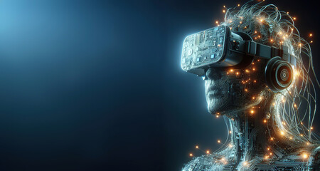 Humanoid portrait with VR glasses made by computer circuits. Metaverse concept. Generative AI.