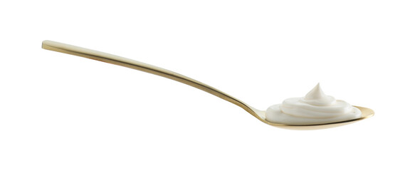 Golden spoon with mayonnaise isolated on white