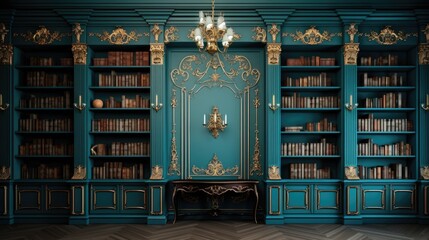 The background of the bookcases is in Cyan color