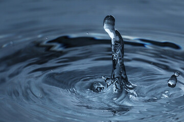 Splash of clear water with drops on dark blue background, closeup