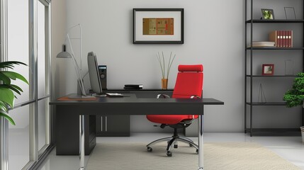 Clean and Organized Office Space with Black Desk AI Generated.