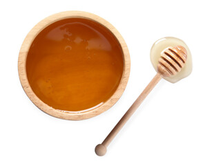 Tasty honey in bowl and dipper isolated on white, top view
