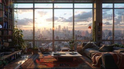 A loft with a lot of windows, a sofa, a coffee table, and a rug. A plant and a lamp are on the table. A book and a pillow are on the sofa. A city and a sky are in the view.