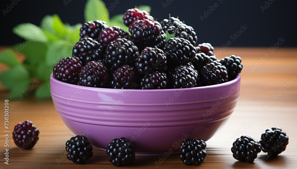 Wall mural Fresh organic berries on a wooden table, a healthy summer snack generated by AI - Wall murals