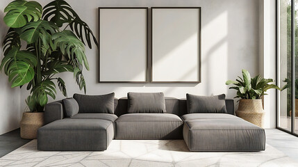 Minimalist Interior Design, Modern Living Room with Sofa and Stylish Decor, Contemporary Comfort
