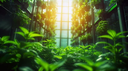 Foto op Canvas Lush green plants thrive in a vertical indoor garden within an eco-friendly urban greenhouse. © weerasak