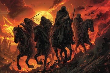A captivating illustration of the Four Horsemen of the Apocalypse, symbolizing conquest, war, famine, and death, against a tumultuous backdrop.