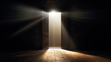 Rays of light enter a dark room through a half-open door. Concept of hope - obrazy, fototapety, plakaty