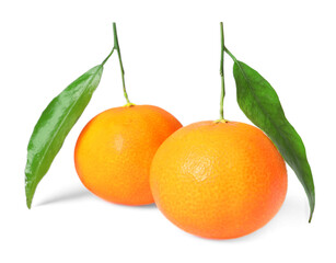 Fresh ripe juicy tangerines with green leaves isolated on white