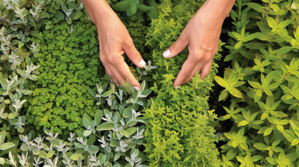 A pair of hands expertly pruning rows of vibrant herbs creating a neat and orderly display of various shades of green.
