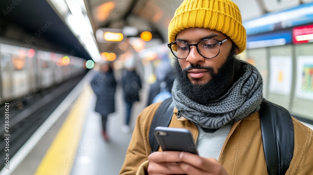 Poster millennial man standing on subway platform, using smartphone to check messages and updates