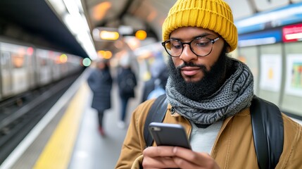 Millennial man standing on subway platform, using smartphone to check messages and updates