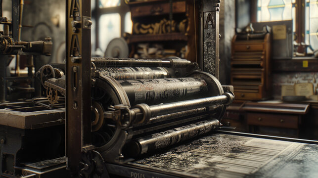 An old-fashioned printing press with metal typefaces and ink-stained rollers