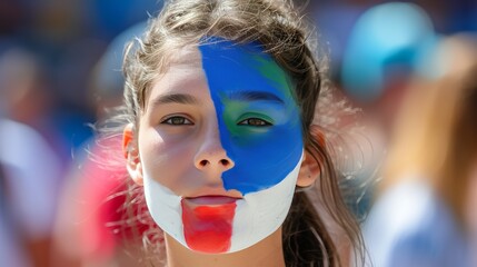 Excited french woman supporter with face paint at sports event, stadium background with text space