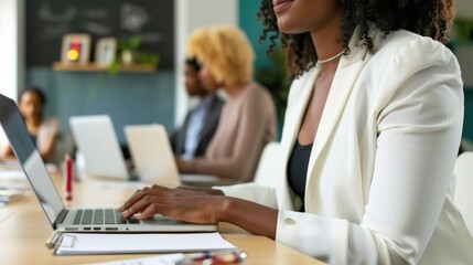 Fototapeta premium A professional woman diligently works on her laptop, surrounded by the walls of her office building, dressed in business attire as she tackles her job tasks