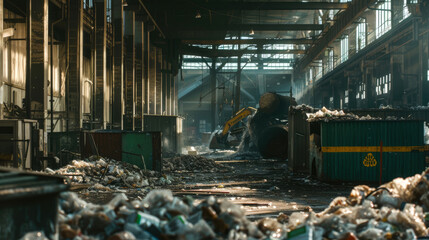 An indoor factory building filled with pollution, its ground littered with heaps of garbage, depicting the harsh reality of our wasteful society - obrazy, fototapety, plakaty