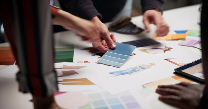 Hands, color and swatches for fashion or clothes decision with collaboration for creative, choice or small business. People, design and tablet for manufacturing or online ideas, teamwork or sample