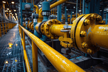 Industrial pipes in factory setting with yellow accents
