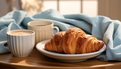 Fresh croissant and coffee on wooden table, a gourmet breakfast generated by AI