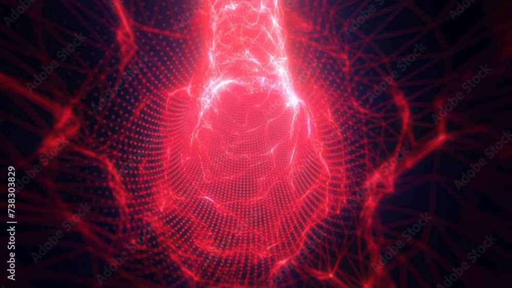Poster red energy tunnel frame made of futuristic particles and lines of energy force field. abstract backg