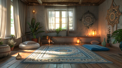 A peaceful yoga room with a hardwood floor, a mat, a bolster, a candle, and a mandala.