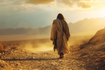 A poetic portrayal of a biblical figure walking through a desert, embodying perseverance and faith. - obrazy, fototapety, plakaty