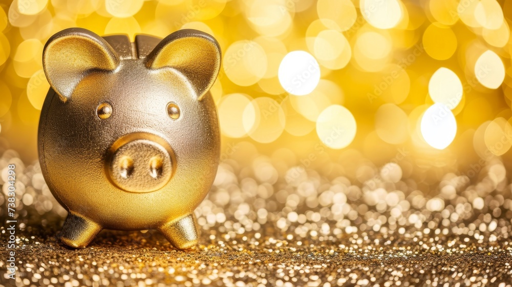 Poster golden piggy bank on blurred background with copy space for text placement, finance concept image