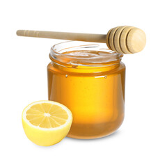 Honey in glass jar, dipper and lemon isolated on white