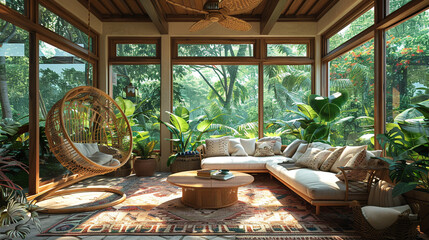 A relaxing sunroom with a rattan sofa, a coffee table, a rug, a ceiling fan, a hanging chair, and a wall of windows.